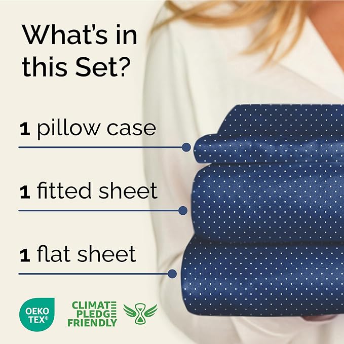 Navy Blue Polka Dots Bed Sheet Set – 1 Flat & 1 Fitted Sheet & 1 Pillowcase w/ Deep Pockets – Polka Dot Bedding - Ultra-Soft, Wrinkle & Fade Resistant - Comfy, Breathable & Cooling - Twin XL Size Set