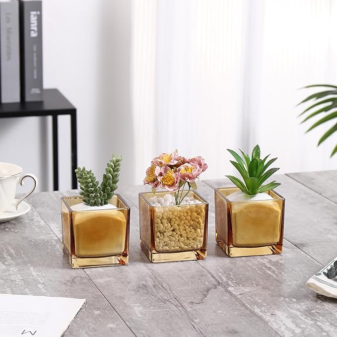 MARTAGE Square Flower Vases Set of 9, 3"x 3"x 3" Glass Vases for Centerpieces, Amber Vase for Flowers, Small Vase for Wedding, Party, Home Office Decoration