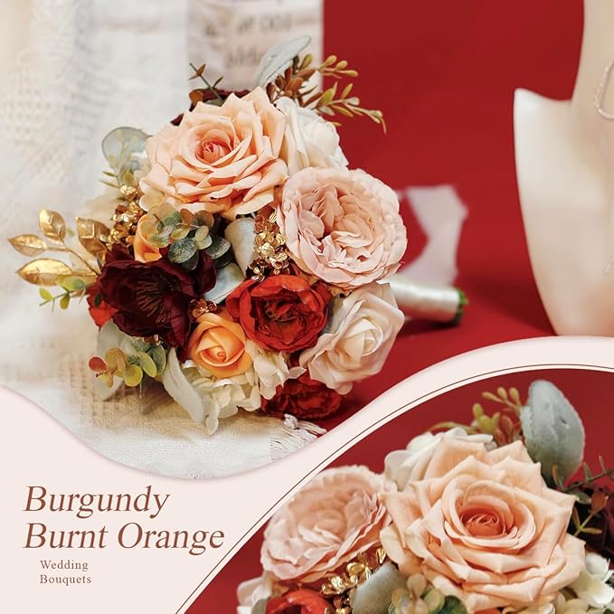8.6 Inch Wedding Bouquets for Bride Bridesmaid, Burnt Orange Burgundy Rose Bridal Bouquet Terracotta Fall Wedding Artificial Silk Flower Boho Rustic Ceremony Anniversary Decor Toss Bouquet