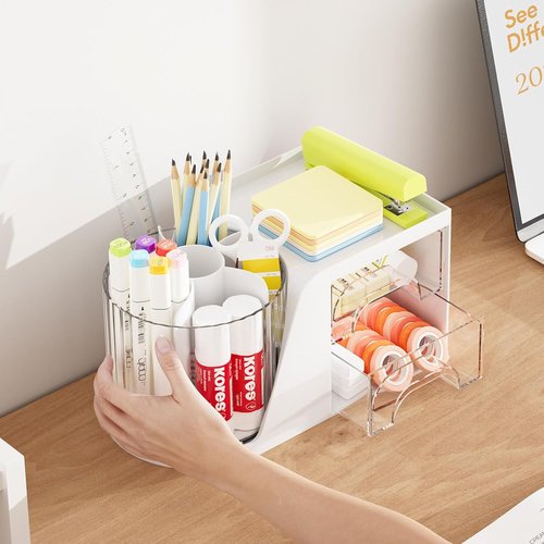 Marbrasse Desk Organizer - 360° Rotating Pen Holder & 2 Drawer Storage | White Art Supply Caddy