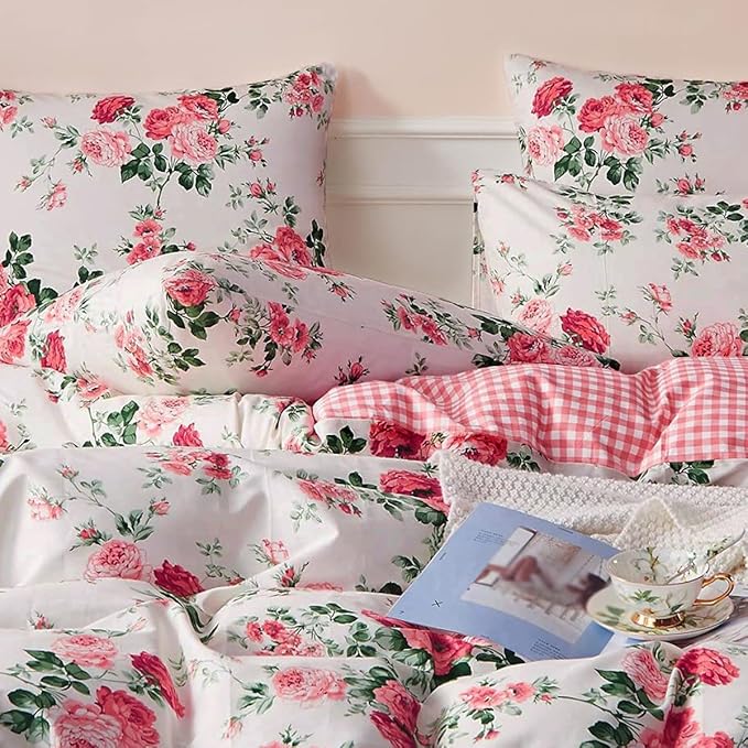 Rose Flower Duvet Cover Twin XL Pink Plaid Grid Floral Duvet Cover 100% Microfiber Girls Flower Comforter Cover with Zipper Closure Cottagecore Bedding Set Botanical Floral Comforter Cover Twin XL