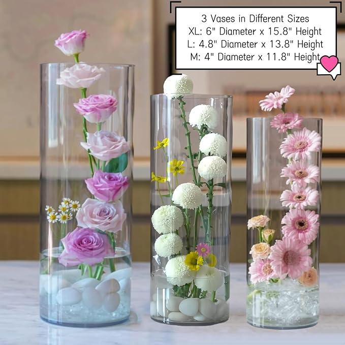 Acrylic Cylinder Clear Vases, Tall Large Plastic Flower Vase for Bouquet, Unbreakable Hurricane Vases Set of 3 for Centerpieces (D 6", D 4.8", D 4" + 3 Holder)