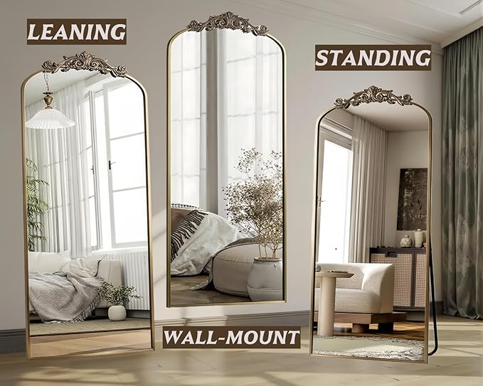 Dewfig Arched Full Length Mirror, 71"x32" Full Body Mirrors with Carved, Floor Mirror for HomeDecor, Standing/Halling Large Wall Mirror for Bedroom, Living Room, Cloakroom, Bronze, Retro Style