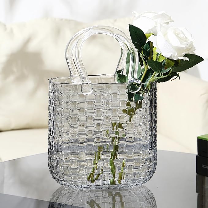 Glass Purse Vase, Purse Vase for Flowers, Black Purse Flower Vase, Wide Mouth Glass Bag Vases, 10 Inch Large Glass Vases, Handbag Shaped Vases for Home, Office Decor