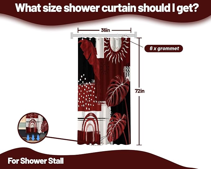 Small Stall Narrow Shower Curtain Black and Red Stand Up Burgundy Abstract Monstera Shower Curtains for Rv Camper Bathroom Decor Sets, Waterproof Cloth Fabric with Hooks, 36 x 72 Inch