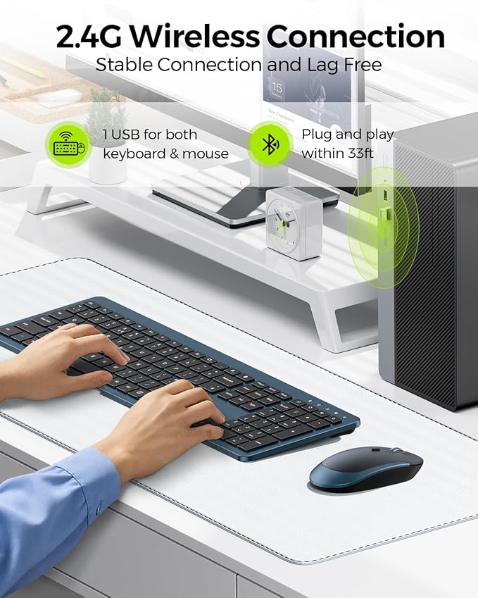 Wireless Keyboard and Mouse Combo - Full Size Slim Thin Wireless Keyboard Mouse with Numeric Keypad 2.4G Stable Connection Adjustable DPI, Black&Blue