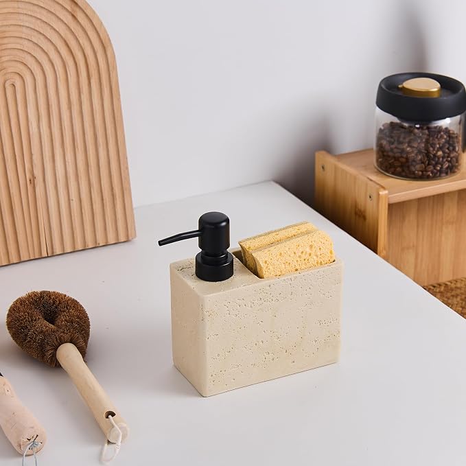 Beige Travertine Soap Dispenser with Sponge & Brush Holder – Hand & Dish Resin Soap Pump Bottle for Kitchen & Bathroom, 2-in-1 Countertop Organizer, with 2 Natural Sponges (Luxury Home Decor)