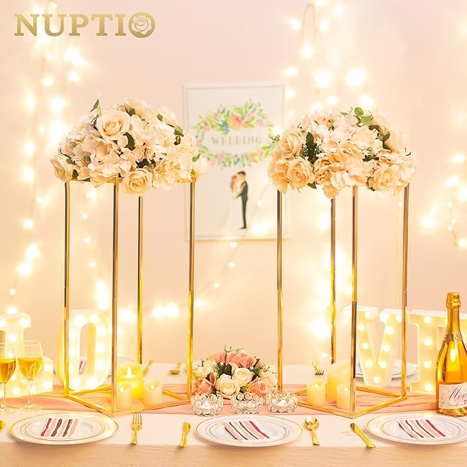 NUPTIO Gold Vases for Centerpieces Wedding - 2 Pcs 23.6 inch Tall Gold Vase Wedding Centerpieces for Tables - Geometric Gold Centerpieces for Table Flower Stand for Table Centerpieces for Weddings
