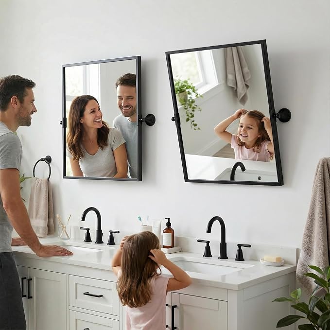 26"x26" Square Black Mirror,Pivot Mirror for Bathroom,Tilt Beveled Vanity Mirror,Metal Frame Piovting Mirror Hanging for Bedroom Entryway Living Room Farmhouse