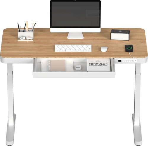 FLEXISPOT Electric Standing Desk - Adjustable Height with Drawer Storage & USB Ports | Natural Desktop & White Frame