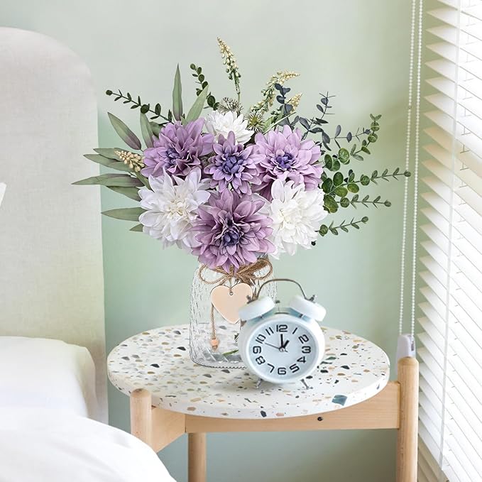 MARTINE MALL Fake Flowers in Vase, Faux Flowers in Vase, Dahlia Artificial Flowers in Vase Centerpiece Table Decorations Artificial Flower Arrangement for Home Dining Room Office Farmhouse