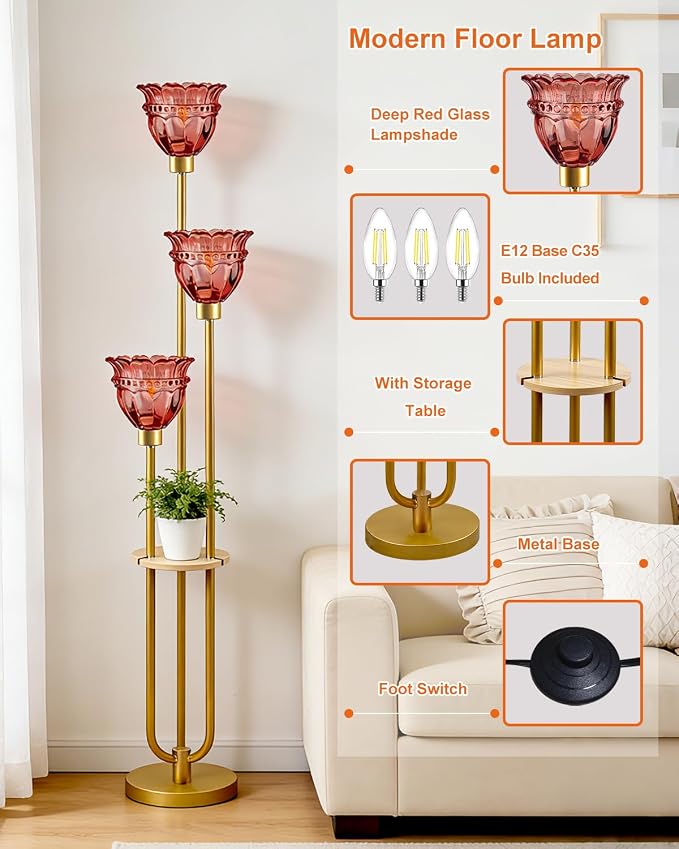 Lightdot Glass Floor Lamp with 5Lbs Heavy Base for Living Room Modern Gold Floor Lamp with Rose Red Glass Shade & 3000K Bulbs Included Tall Standing Lamp with Foot Switch for Sofa Beside/Corner Decor