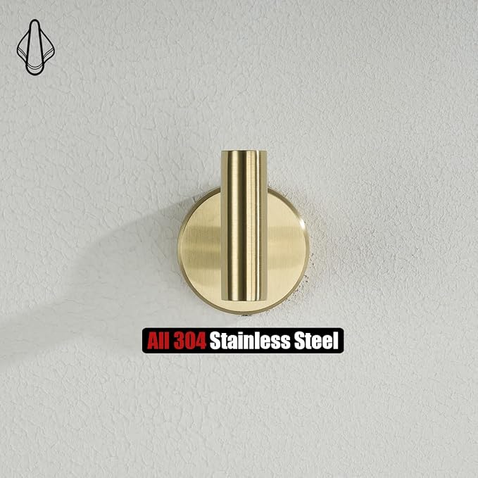 JQK Bathroom Towel Hook Brushed Gold, Brass Coat Robe Clothes Hook for Bathroom Kitchen Garage Wall Mounted (Pack of 4), SUS 304 Stainless Steel 0.8mm, TH100-BG-P4