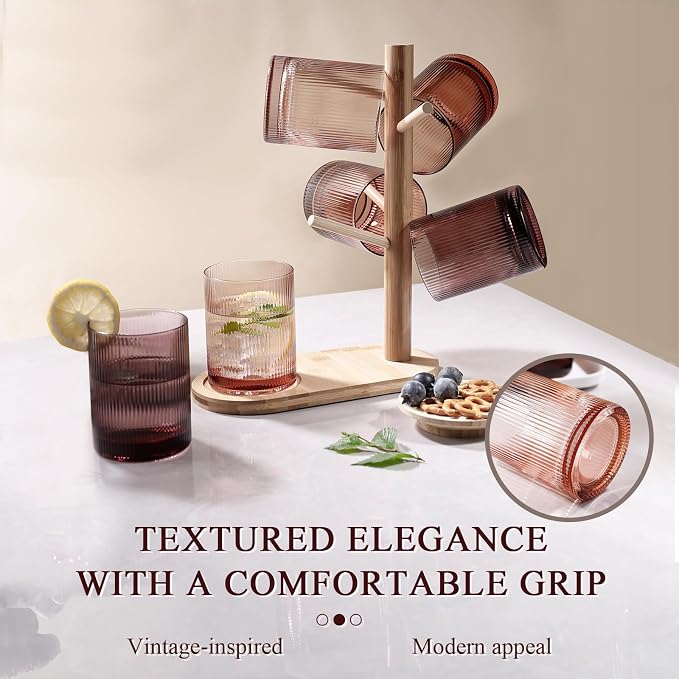 Physkoa 6-Piece Brown Ribbed Glassware Set –Vintage Drinking Glasses in Ochre, Umber & Espresso –8.5oz Tumbler Cups for Water, Juice, Iced Coffee, Whiskey, Cocktail –Aesthetic Colored Glasses