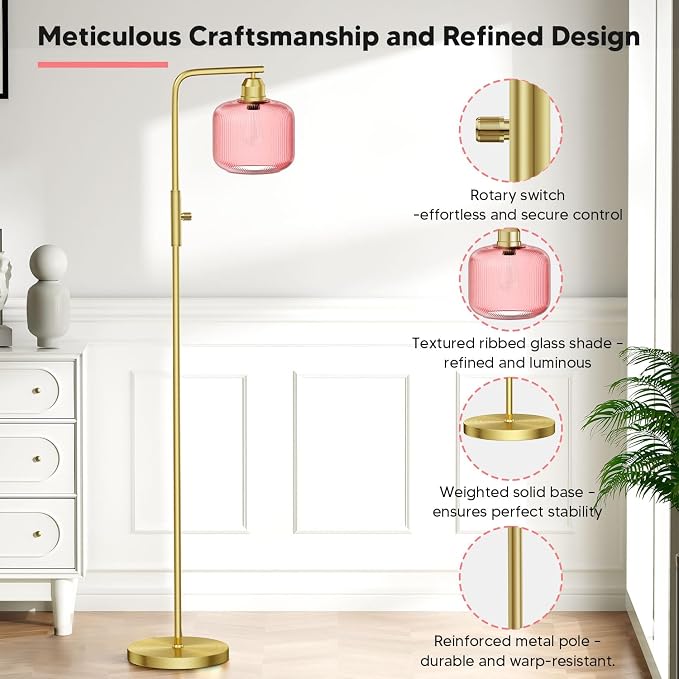 Glass Floor Lamp for Living Room, Modern Standing Lamp with Pink Ribbed Glass Lampshade&Brushed Gold, Stepless Dimmable and Rotary Switch, 66” Tall Lamp & Gold Floor Lamp for Bedroom Study Room, Pink