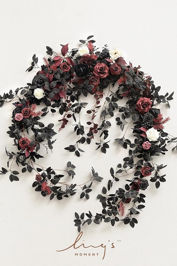 Ling's moment 9FT Eucalyptus & Willow Leaf Garland with White Flower, Handcrafted Wedding Sweetheart Table Centerpieces Head Table Decor Arch Backdrop Decorations for Wedding | Black & Burgundy