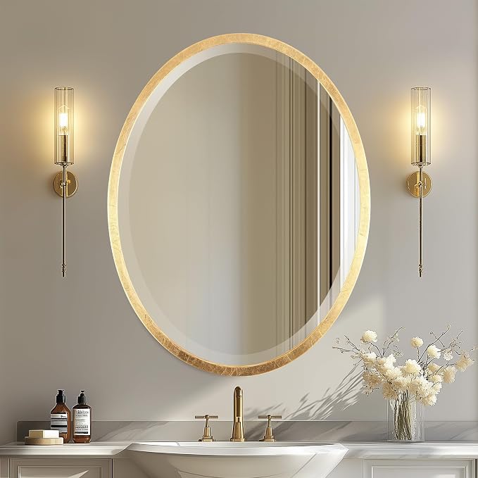 OVALCREST - Oval Wooden Beveled Wall Mirror for Home Decor, Bathroom, Vanity, Bedroom, Living Room, Hallway - London Style (Gold Leaf) 25.1 x 19.1