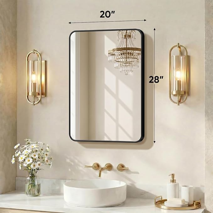 Sweetcrispy Bathroom Mirror for Over Sink, 20x28 Inch Wall Mount Mirror with a Rounded Rectangle and Matte Metal Frame, Modern Wall Vanity Mirrors for Home Decor, Living Room, Bedroom, Black