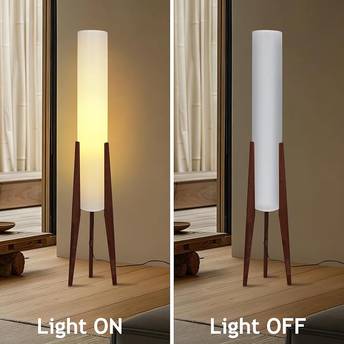 Wabi-sabi 50" Wooden Tripod Floor Lamp Linen Floor Lamp Paper Lantern Inspired Fabric Standing Lamp With E26 3-Color Temperatures Solid Wood Tall Light For Living Room Bedroom (Includes Bulb)