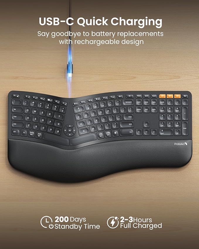 ProtoArc Backlit Bluetooth Ergonomic Keyboard, EK01 Plus Full Size Wireless Split Keyboard with Dual Bluetooth and USB, Cushioned Wrist Rest, Rechargeable, Compatible with Windows/Mac/Android, Black