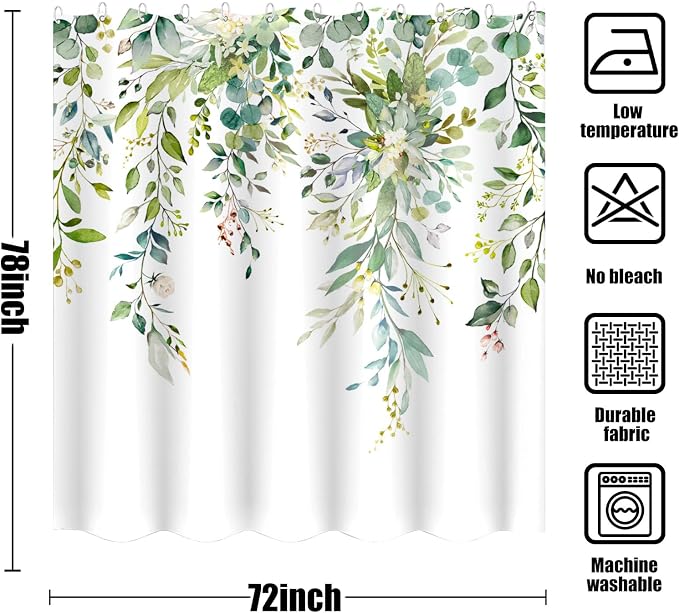 Long Green Eucalyptus Shower Curtain Watercolor Floral Plant Leaf Shower Curtains for Bathroom Botanical Flower Waterproof Fabric Bath Curtain Decor with Hooks (Green, 72'' x 78'')