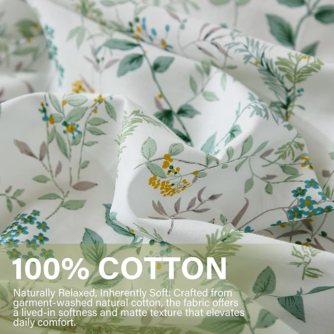 100% Cotton Duvet Cover Sets Queen Size Reversible Green Garden Bedding Sets Duvet Cover Super Soft Comforter Cover with Zipper Closure, Lightweight, Breathable