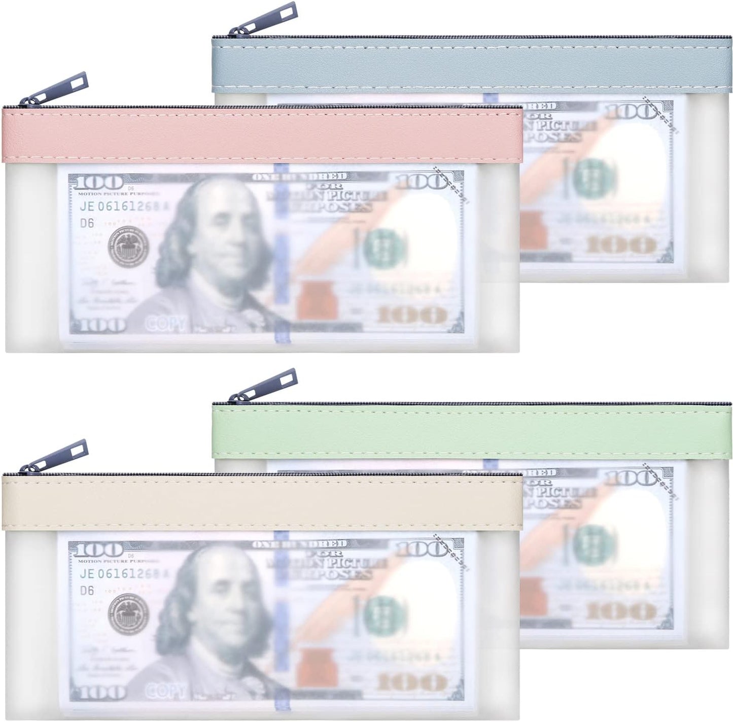 VOCHIC 4-Piece Money Bag Set - Multi-Purpose Zipper Envelopes for Cash, Coins & Bills | 7.6 x 3.7 Inch
