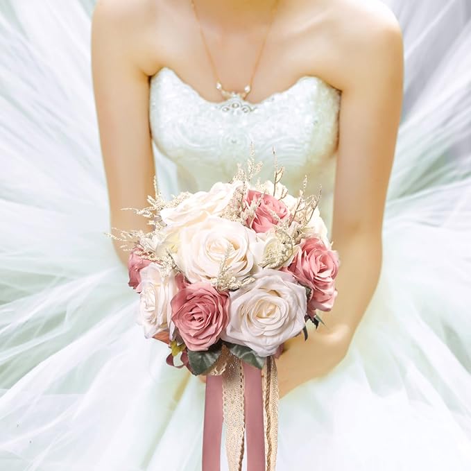 Wedding Bouquets for Bride, Champagne White & Pink Bridal Bridesmaid Wedding Flowers, Artificial Toss Rose for Civil Ceremony (Jute Rope Handle)