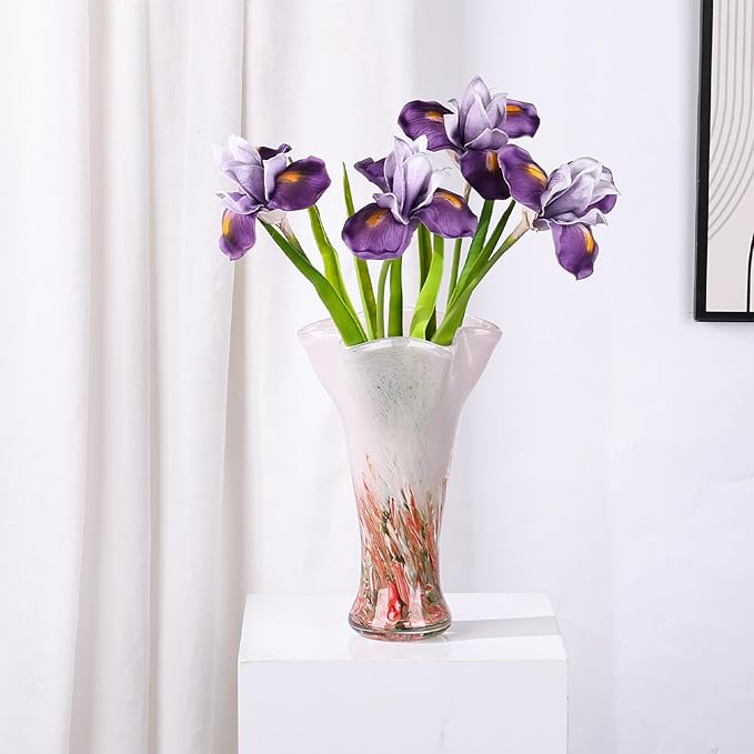9.0" H Pink Glass Vases for Flowers, Hand Blow Glass Vase Pink Home Decor, Wide Mouth Red Flower Vase Centerpieces, for Bookshelf,Dinner Table,Indoor Office Desktop,Meeting Room,Bathroom,Countertop