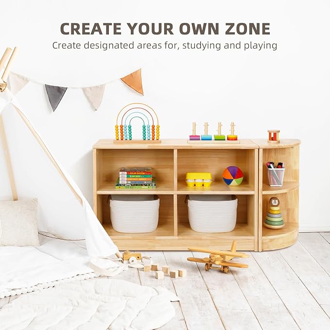 OOOK Rubber Wood 4-Compartment Wooden Storage Cabinet, 35.4" L, 2-Tier Toy Organizers and Storage, Montessori Shelf for Kids Room, Playroom, Nursery, Classroom, Kindergarten