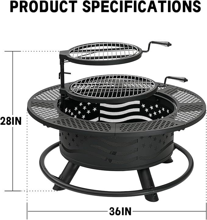 Panovue 36 Inch Fire Pit with 2 Cooking Grates, Outdoor Wood Burning BBQ Grill Firepit Bowl with Cover Lid, Steel Round Table for Backyard Bonfire Patio Picnic (Black, 36IN)