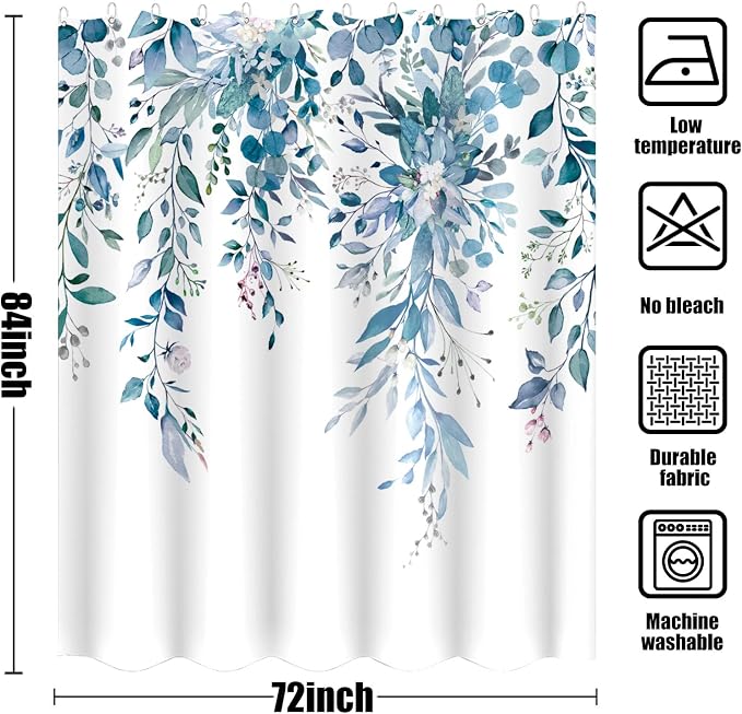 84 Inch Extra Long Blue Eucalyptus Shower Curtain Watercolor Floral Plant Leaf Shower Curtains for Bathroom Botanical Flower Waterproof Fabric Bath Curtain Decor with Hooks (Blue, 72'' x 84'')