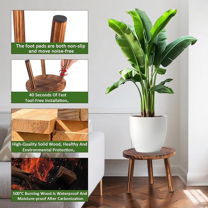 3-Pack Wood Plant Stands Indoor Outdoor, Mid-Century Modern Wooden Plant Stool for 6-11 Inch Pots, Tall Corner Plant Shelf Flower Pot Holder Table for Living Room, Balcony, Patio Decor
