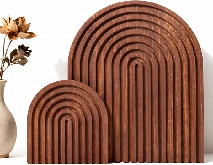 2 Pcs Dark Brown Wood Arch Decor, Boho Shelf & Serving Board for Fireplace Mantel, Kitchen Counter - Vintage Espresso Finish, Mid Century Modern Farmhouse Accents for Living Room, Home Office