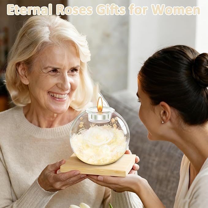 DEEMEI Gifts for Women Birthday Gifts for Women Preserved Real Rose in Glass Dome with Scented Fresh Flowers for Delivery Prime Eternal for Her Mom Grandma Wife Girlfriend Daughter, White