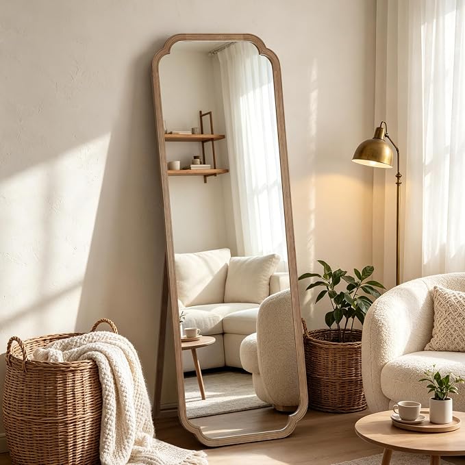 WallBeyond Farmhouse Full Length Mirror with Stand 22x65 Inch, Wooden Frame Floor Mirror,for Bedroom, Entryway, Living Room(Natural)