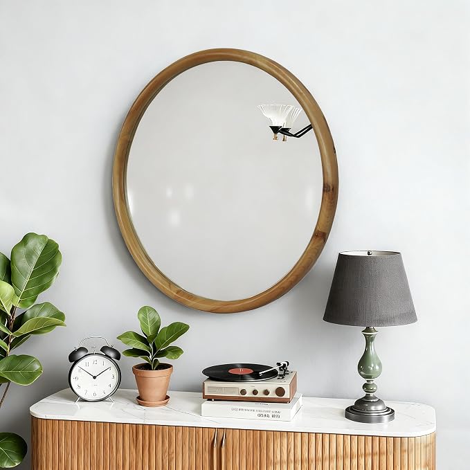 Round Wood Framed Wall Mirror,Natural Wooden Circular Wall Mirror for Bathroom Bedroom Entryway Living Room,Mid-Century Modern Rustic Boho Scandinavian Decorative for Home Decor (31.50")