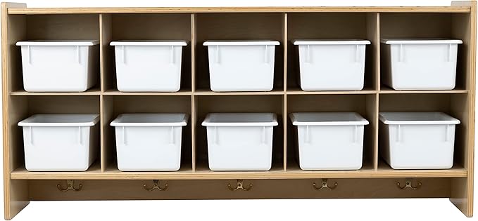Montessori 10 Section Wall Cubbies, Hanging Cubby Home-School Organizer Shelf with White Storage Bins and Hooks, Kids Friendly, Built to Last