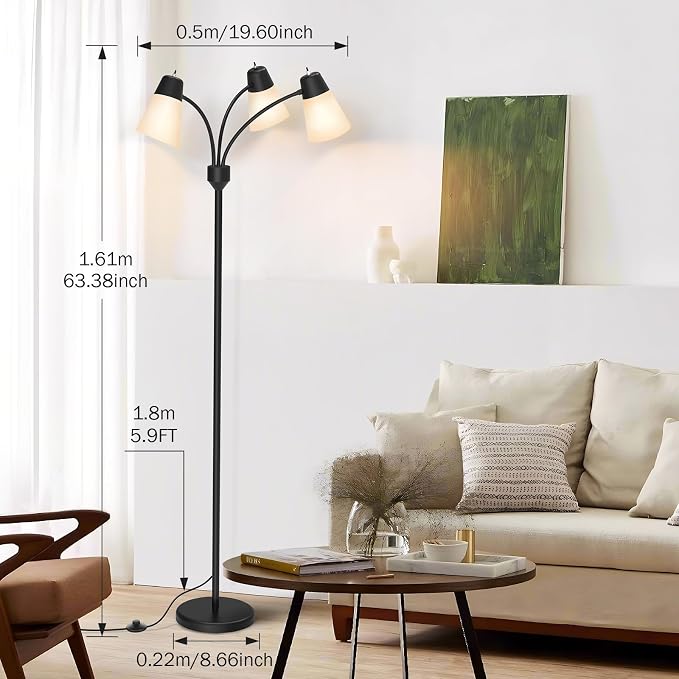 FOLKSMATE 3-Light Floor Lamp, LED Medusa Muiti-Head Adjustable Arc Standing Lamp, Tree Tall Light for Living Room, Kid Room, Bedroom, Black