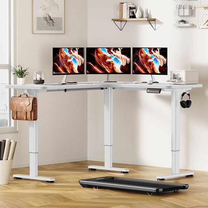 Flycity Electric L Shaped Standing Desk Adjustable Height, 63" x 55" Corner Stand Up Desk, Home Office Desk, Dual Motor Sit Stand Desk, Computer Desk with 3 Memory Preset & Lock, White
