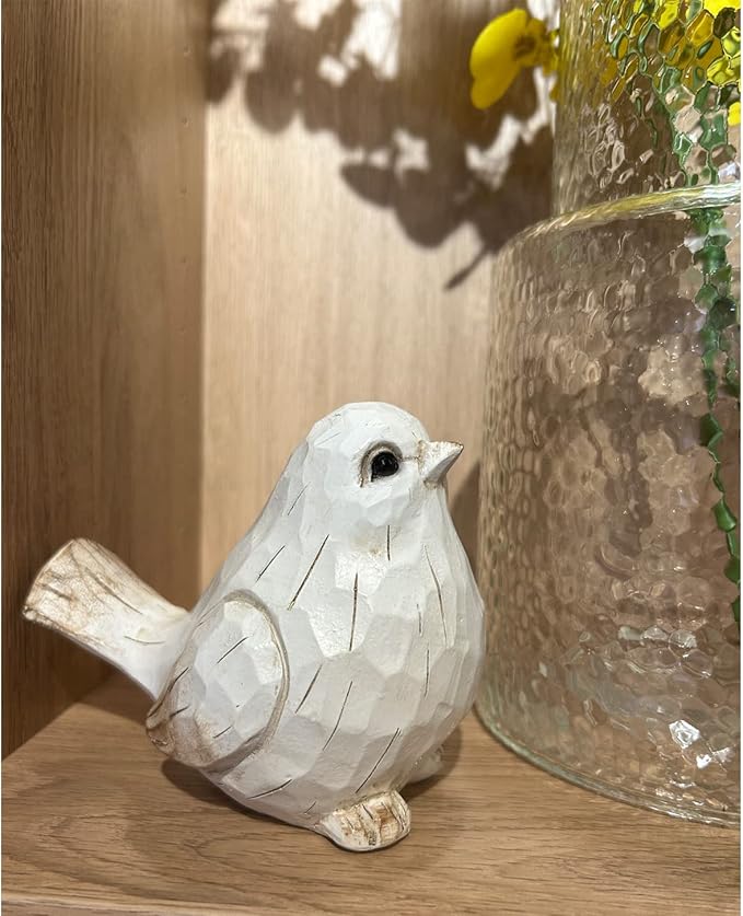 New White Modern Farmhouse Bird Figurine, Bird Statue Sculpture - Carved Rustic Distressed Animal Bird Ornaments - Home Decor Accents Collectible Bird Figurine | Spring