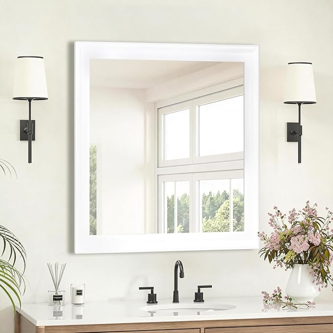 CULER White Wall Mirror for Bathroom,Rectangle 30 x 30 inch Hanging Vanity Mirrors for Living Room,Bedroom,Entryway