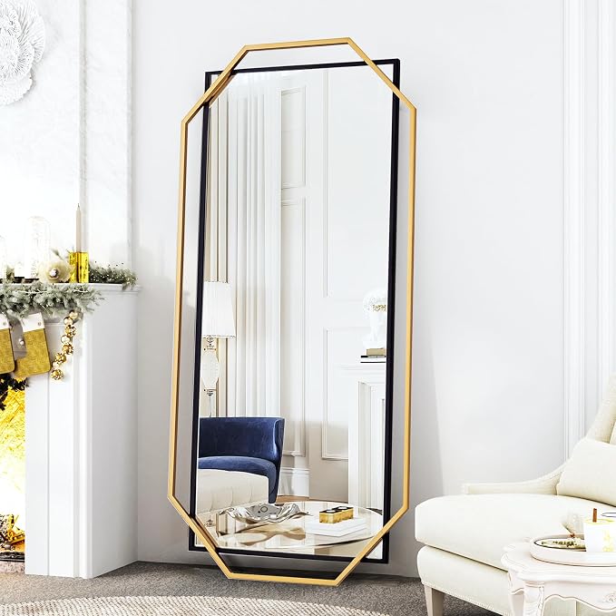 60"x30.5" Black and Gold Large Mirror for Bedroom Wall, Extra Bathroom Rectangular Mirror with Decorative Metal Octagonal Frame, for Entryway,Living Room, Dining Room