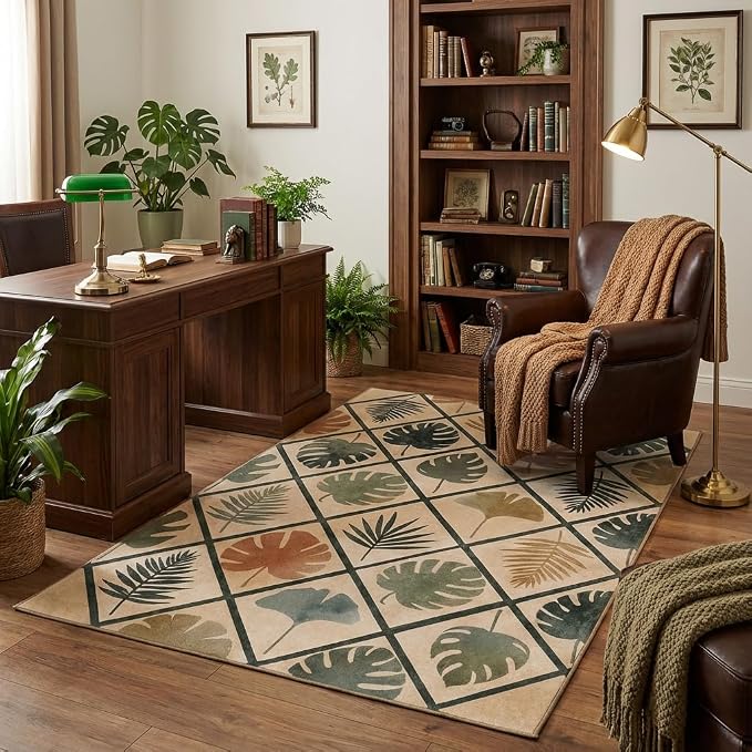 5x7 Area Rug for Living Room，Sage Green Modern Abstract Diamond Leaf Rug Non-Slip Washable Bedroom Dining Room