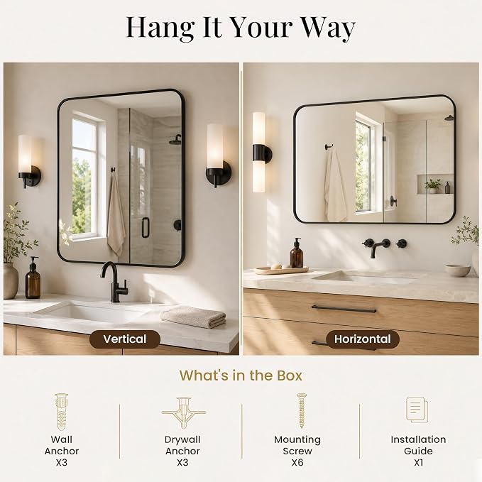 2-Pack 24x30 Inch Matte Black Bathroom Vanity Mirrors | Flush Mount Deep Set Metal Wall Mirror for Over Sink | HD Shatterproof Glass, Rustproof