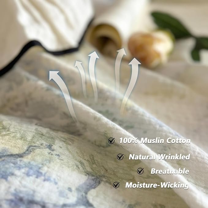 VM VOUGEMARKET Muslin Cotton Duvet Cover Set King Shabby Watercolor Duvet Cover with Ruffles Soft Linen Like Gauze Comforter Cover with Zip Closure and Corner Ties- 104"x90"