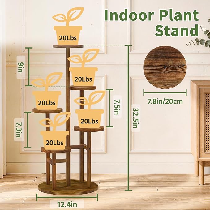 LASZOLA 5 Tiered Wood Plant Stand Indoor Corner, Flower Holder Rack Tall for Multiple Plants, Rustic Planter Shelf Display for Patio Garden Balcony Living Room