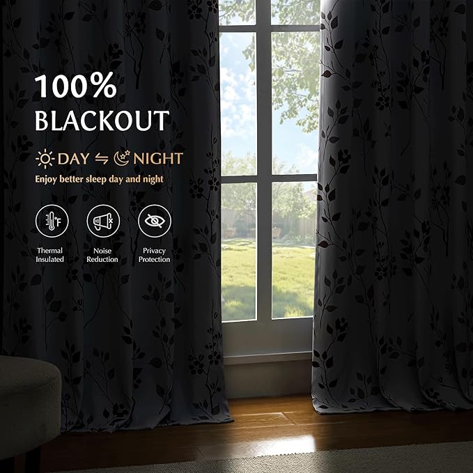 Beauoop Floral 100% Blackout Curtains 72 Inches Long 2 Panels for Bedroom Living Room Tan Brown and White Flower Patterned Room Darkening Thermal Soundproof Grommet Window Treatments Drapes, 52X72