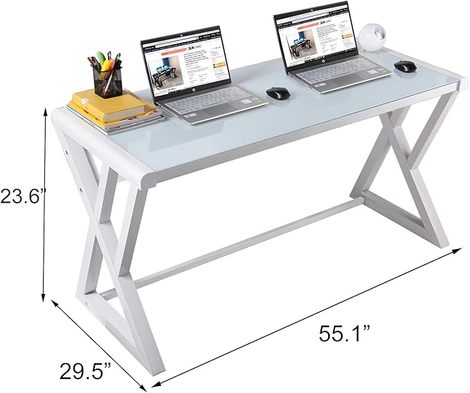 SAMERY Computer Desk & Gaming Desk, Home Office Desks 55.1 Inch- Modern Simple Writing Study White Glass Computer Desk Space-Saving Multipurpose Workstation with Metal Frame…