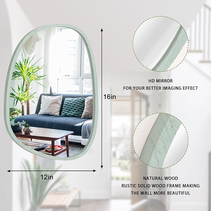 Green Wall Mirror Asymmetrical Irregular Wood Frame Mirror for Wall Unique Modern Wall-Mounted Artistic Oval Shape Small Mirror Decor for Bedroom Living Room Bathroom Entryway Hallway Vanity